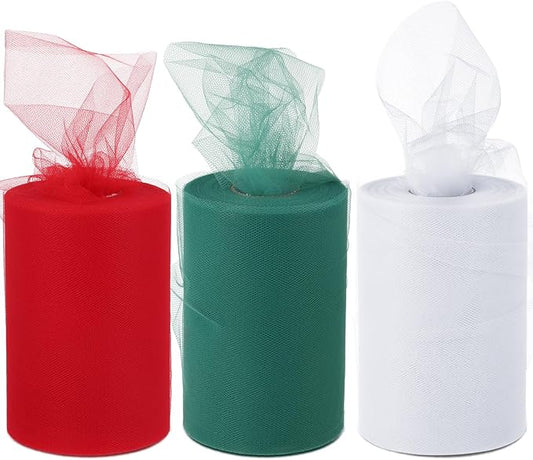 Hotop 3 Rolls Tulle Ribbon Christmas Fabric Ribbon 6 Inch by 100 Yards Tulle Roll Dress for Girls Tutu Bow Birthday Baby Shower Wedding Party Decoration(6" x 300 Yard,Red, Green, White)