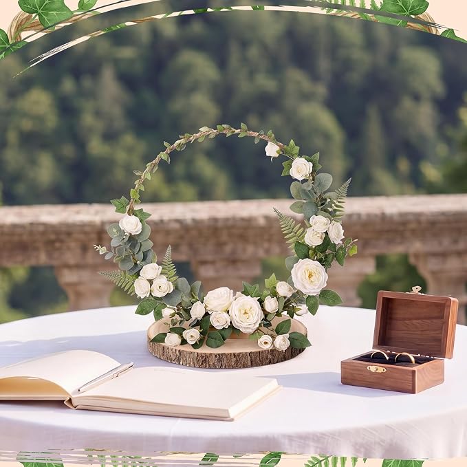 Leinuosen 6 Sets 12" Metal Hoop Table Decor with Stands, 6pcs 9-10" Natural Wood Slices & 33ft Jute Leaf Ribbon for Wedding Bridal Baby Shower Party Center Decoration