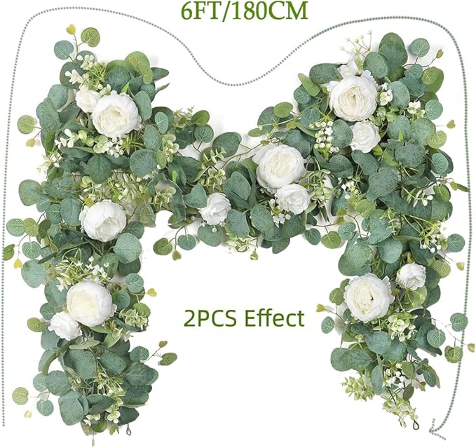 2pcs Artificial Flowers Garland 6FT Silk Peony Vine with Eucalyptus Leaves Faux Floral Garlands for Wedding Arch Door Wall Hanging Party Home Decoration (White)