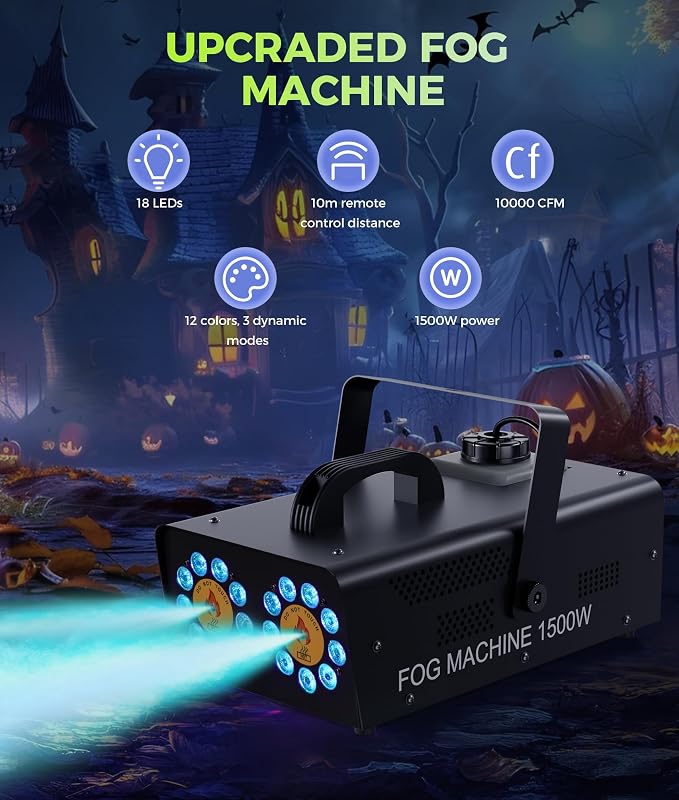 IMONE 1500W Dual Head Fog Machine | High Output Continuous Smoke Machine with 18 RGB LED Lights & Wireless Remote | Perfect for Parties, DJ, Halloween, Stage, Indoor/Outdoor Events