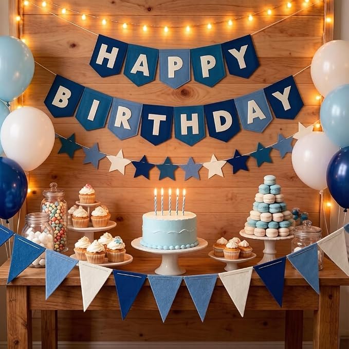Yancan Blue Happy Birthday Banner for Women Men Boys Girls Party Decoration | Pre-strung Felt Happy Birthday Banner, Star Garland, Triangle Flags
