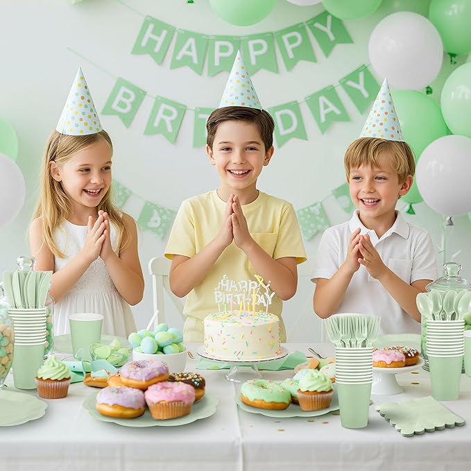 NatNarr 175 Pcs Sage Green Plates and Napkins Set, 25 Guest Sage Green Party Supplies Include Scalloped Paper Plate Napkin Cup Forks Knives Disposable Plastic Cutlery for Wedding Baby Shower Birthday