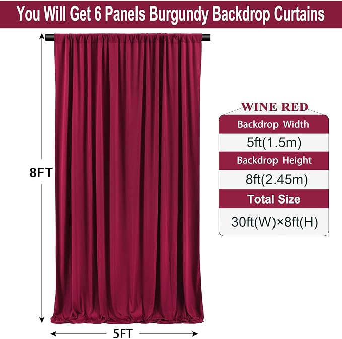 30ft×8ft Wrinkle Free Burgundy Backdrop Curtain for Parties, 6 Panels 5×8ft Soft Silky Polyester Wine Red Photo Backdrop Drapes for Wedding Birthday Christmas Photography Back Drop Cloth