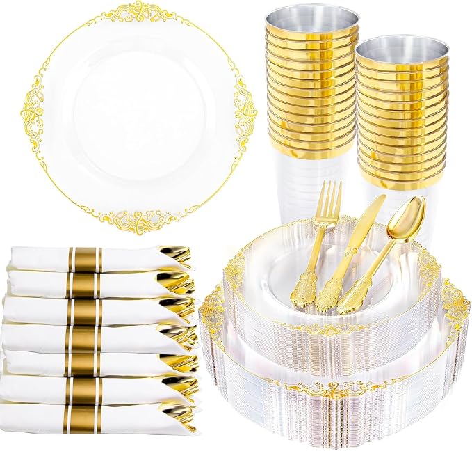 Hioasis 210pcs Clear and Gold Plates - Clear Party Plates for 30 Guest, Include 60 Heavy-duty Plates(20% Thicker Than Standard), 30 Pre Rolled Gold Plastic Silverware Set, 30 Cups