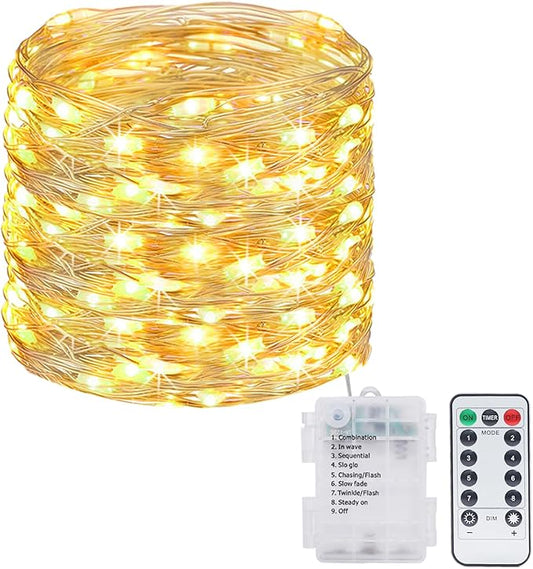 kolpop Fairy Lights Battery Operated with Remote, Each 39Ft 120LED Battery Powered String Lights with Timer, 8 Modes Waterproof Twinkle Christmas Lights for Bedroom Party Indoor, Warm White, 1 Pack