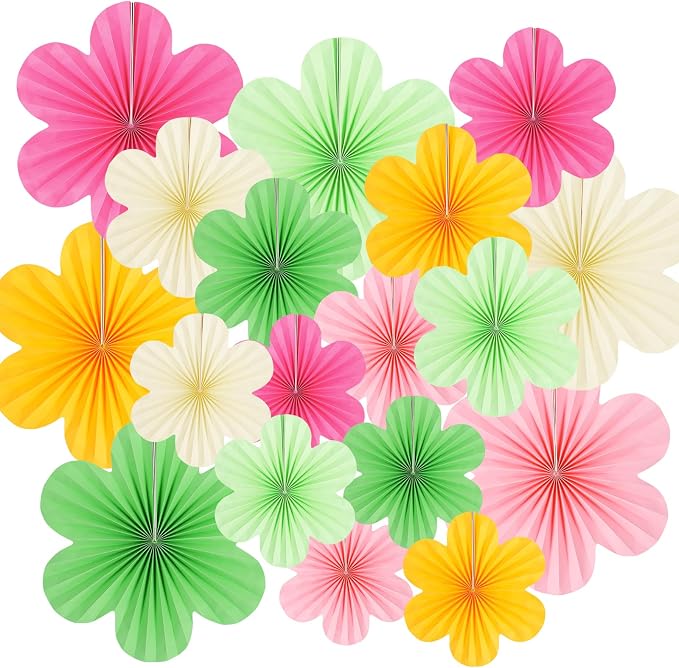 DODOKIM Paper Fans Party Decorations Paper Flowers Decorations for Wall Floral Backdrop Classroom Baby Shower Birthday Party Flower Wall Decor Pack of 18 Pink Green Yellow