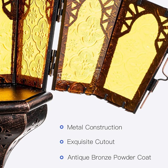 Ramadan Lantern Decorative Indoor & Outdoor, 2 PCS 13.6’’ Vintage Decorative Hanging Lanterns with Chain for Home Porch Patio Decor, Metal Christmas Moroccan Candle Holder Decorations (Amber)