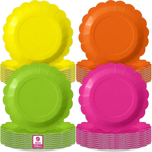 120 Pcs Neon Paper Plates 9 Inch Neon Scalloped Disposable Round Dessert Colorful Party Decoration for Glow Party