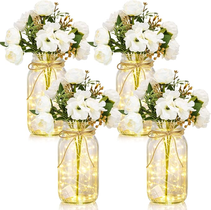 4 Sets Mason Jar with Lights White Faux Peony Decorative White Centerpieces for Tables Mason Jars Flowers Decorations LED Farmhouse Vase for Home Wedding Event Party Decor