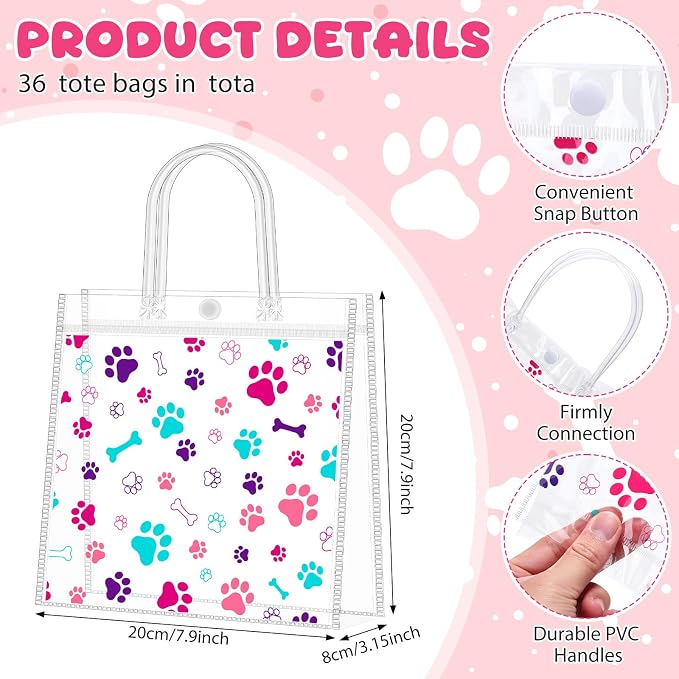 Supervitae 36 Pcs Colorful Dog Paw Bone Print Clear Favor Bags with Handle Reusable Plastic PVC Puppy Gift Bag Goodies Treats Totes for Pet Birthday Christmas Party Supplies, 8 x 8 x 3.15 Inch