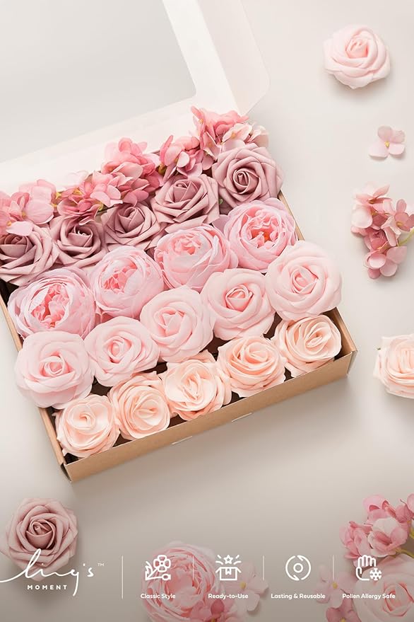 Ling's moment Artificial Flowers Fake Silk Hydrangea Foam Roses Faux Gardenia Combo for DIY Wedding Bouquets Centerpieces Arrangements Bridal Shower Party Home Decorations, Pink & Blush, 24pcs