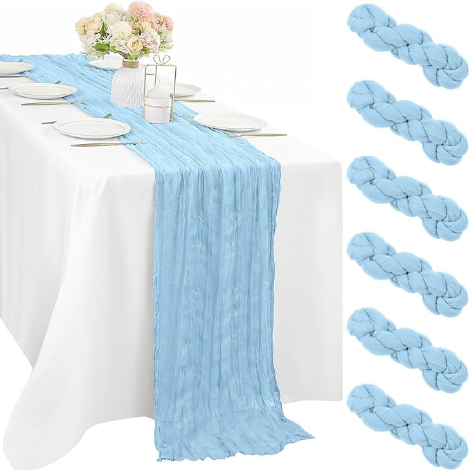 6 Pcs Baby Blue Cheesecloth Table Runner 10FT Runner for Tables 35 x 120 Inches Long Gauze Boho Fabric Table Runner Decoration Rustic Sheer Runner for Wedding Birthday Baby Shower Party (Baby Blue)