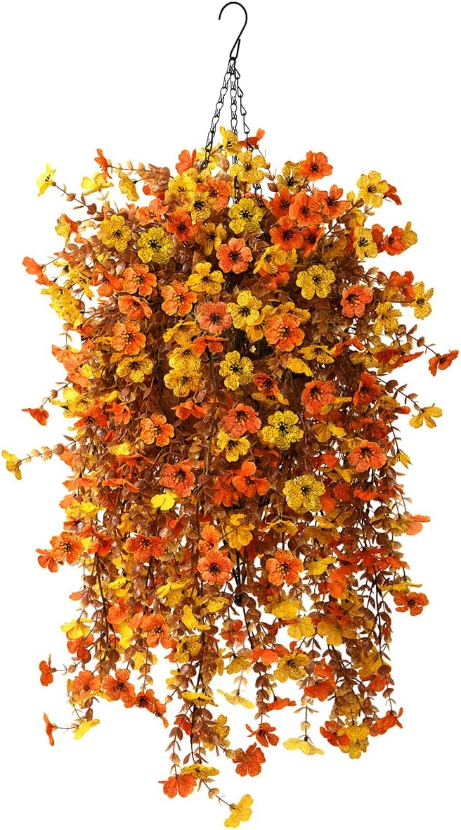 Homsunny Fall Artificial Fake Mums Hanging Flowers Plants Basket for Outdoor Autumn Decoration, Fake Silk Orange Planters UV Resistant Look Real for Home Patio Balcony Yard Porch Decor(Yellow Orange)