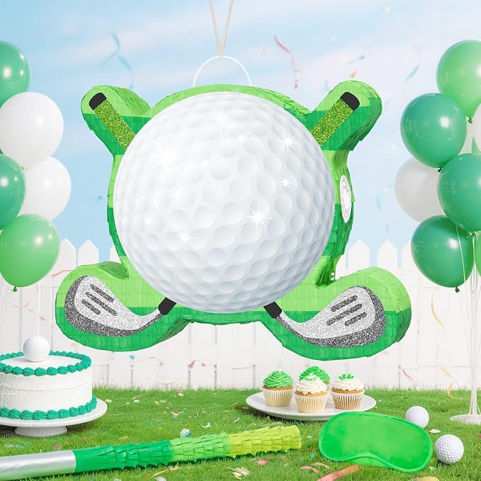 WERNNSAI Golf Piñata - Green Golf Ball & Club Shaped Piñata with Blindfold and Bat Sports Themed Birthday Party Decorations, Golf Party Supplies for Sports Celebration Favors(16.5" x 12.4" x 2.9")