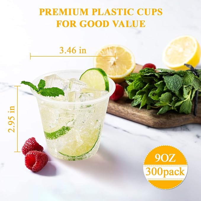 Lilymicky 300 Pack 9 oz Disposable Clear Plastic Cups, 9 Ounce Party Cups for Cocktail, Parties, Picnics, and Events