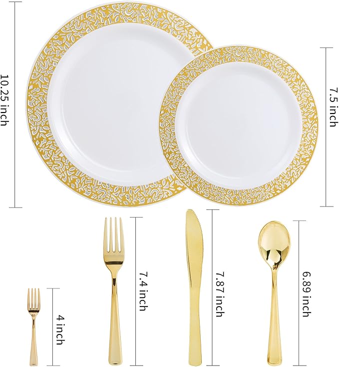WDF 150PCS Gold Plastic Plates Set - Gold Plates 25Guests Gold Disposable Dinnerware Sets for Wedding Party Birthday