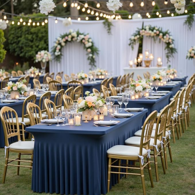 Outpain 8ft Spandex Table Cloth for Standard Folding Tables-6Pack Navy Blue Table Cloth Table Protector for Party, Wedding, Cocktail, Banquet, Festival