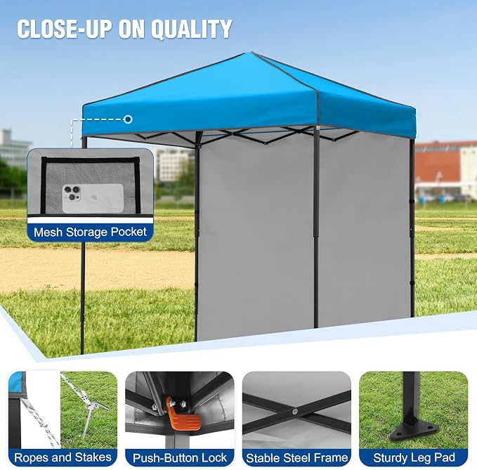 6x4 Pop Up Canopy Tent with One Wall Panel, Instant Portable Beach Canopy, Outdoor Tent with Carry Bag for Camping, Sports, Tailgating, Events, Light Blue