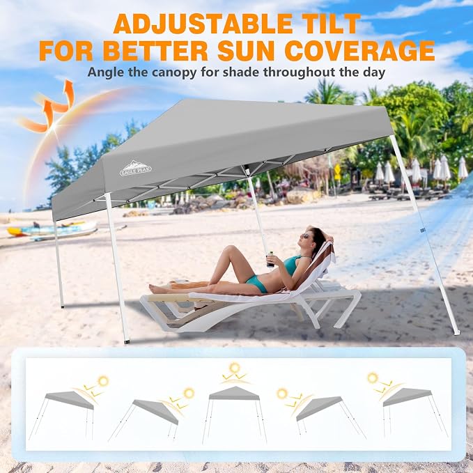EAGLE PEAK 10x10 Slant Leg Pop-up Canopy Tent Easy One Person Setup Instant Outdoor Beach Canopy Folding Portable Sports Shelter 10x10 Base 8x8 Top (Light Gray)