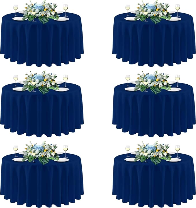 sancua Navy Blue Round Tablecloths 120 Inch, 6 Pack - Circle Fabric Cloth Table Cloths for Wedding Party Banquet Birthday, Washable Polyester Table Cover (Fit 30-72 Inch Tables)