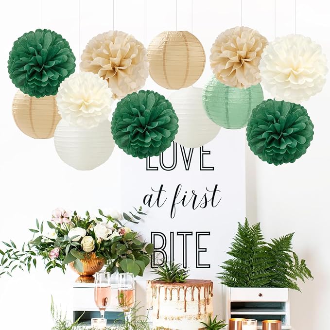 Sage-Green Gold Party-Decorations Paper-Flowers Lanterns - 15pc Boho White Champagne Tissue Pom Poms Streamers,Birthday Bachelorette Bridal Baby Shower Engagement Wedding Graduations Decor Panduola