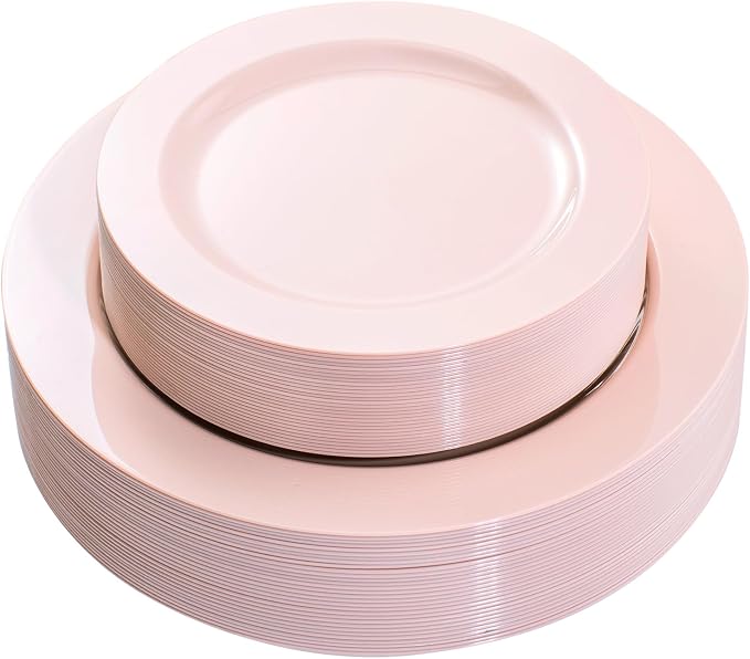 FLOWERCAT 60PCS Pink Plastic Plates - Heavy Duty Pink Plates Disposable for Spring Party&Mother's Day/Wedding - serving 30 guests Include 30PCS 10.25inch & 30PCS 7.5inch