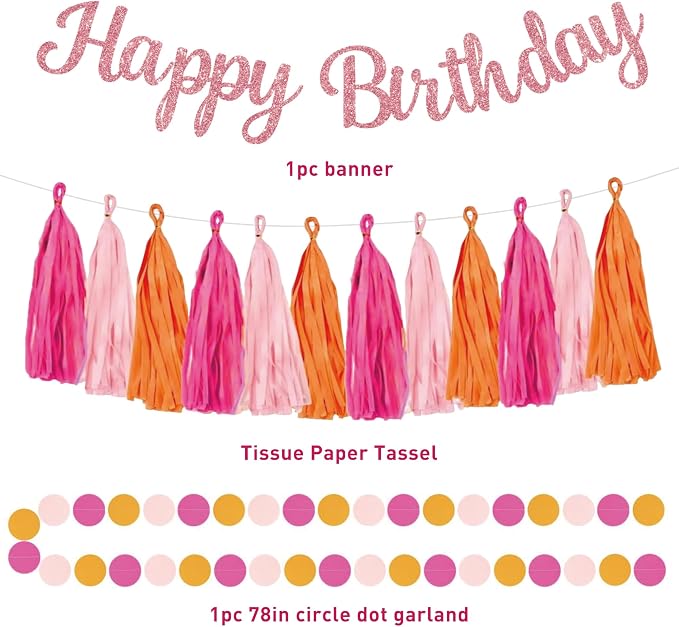 Roetyce Flower Birthday Decorations, Pink Happy Birthday Banner Paper Fan Tassel for Women, Orange Floral Themed Girls BDay Party Supplies, Boho Garland Photo Background Backdrop