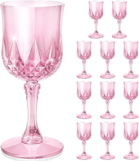 Plastic Wine Glasses, Disposable Plastic Goblets 7.1oz for Wedding Party Holiday, Unbreakable Wine Cups with Stem Vintage for Champagne, Juice, Cocktail (12pcs Pink)