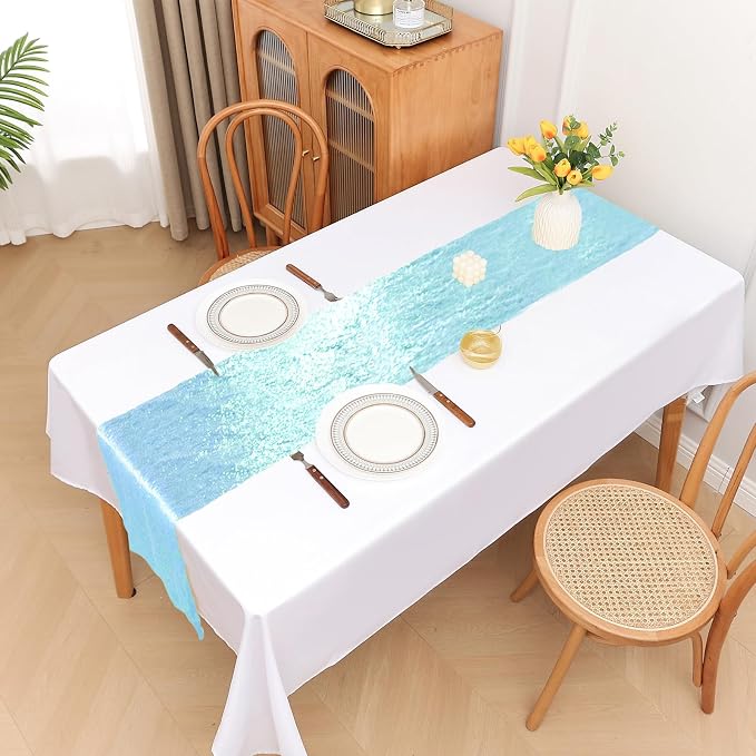 Sugargirl 10 Packs 12 x 72 inches Sequin Table Runner, Glitter Mermaid Blue Table Runner for Birthday Party Supplies Wedding Holiday Celebration Event Decorations