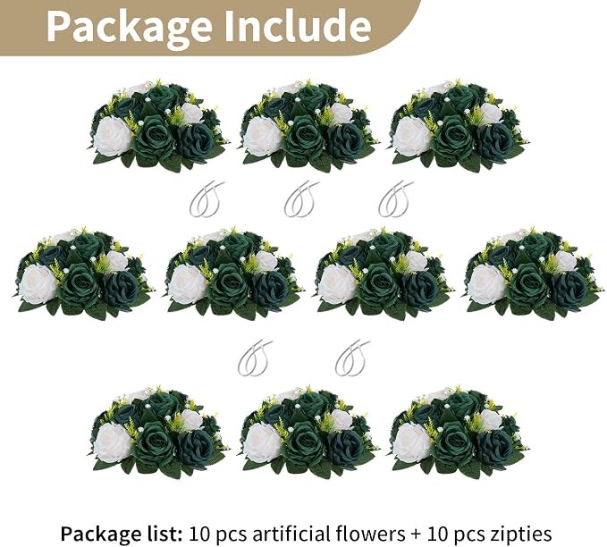NUPTIO Green Flower Ball Centerpieces: 10 Pcs Artificial Rose Arrangements for Wedding Party Tables Decorations - Fake Silk Floral Kissing Balls for Home St Patrick's Day Christmas Event Dining