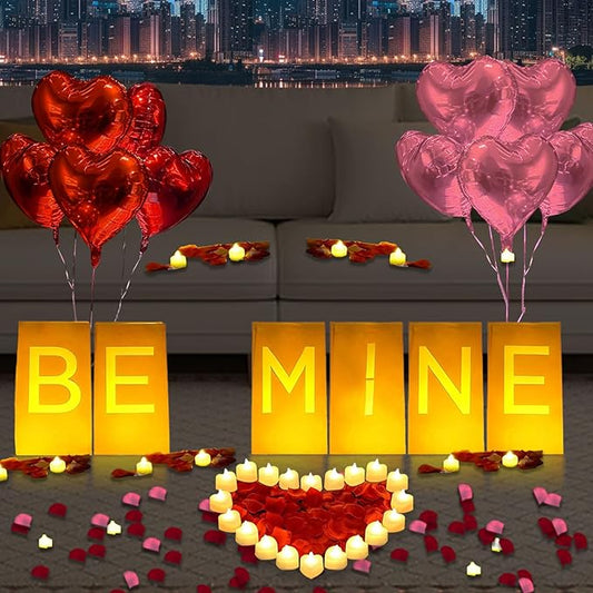 Be Mine Lighted Letters Sign 6pcs Luminary Paper Bags 2000pcs Red Pink Artificial Rose Petals 48pcs Flameless LED Candle Tealight 10pcs Heart Balloons Romantic Night Valentine's Day Decorations