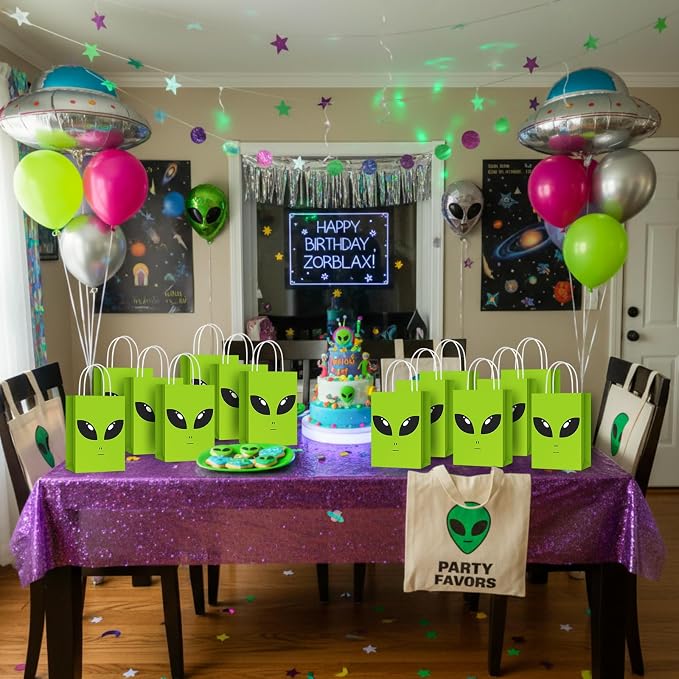 Tosstuki 24 Pcs Alien Gift Bags Alien Birthday Decoration Ufo Aliens Party Paper Bags with Handles for Kids Boys Girls Birthday Space Theme Celebrations Events Supplies