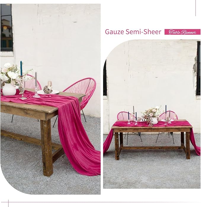 Showgeous 24 Pack Hot Pink Cheesecloth Table Runner, 10FT Long Semi-Sheer Boho or Rustic Gauze Table Runner Wedding Table Decor for Wedding Decor Arch Draping Bridal Shower Holiday Party