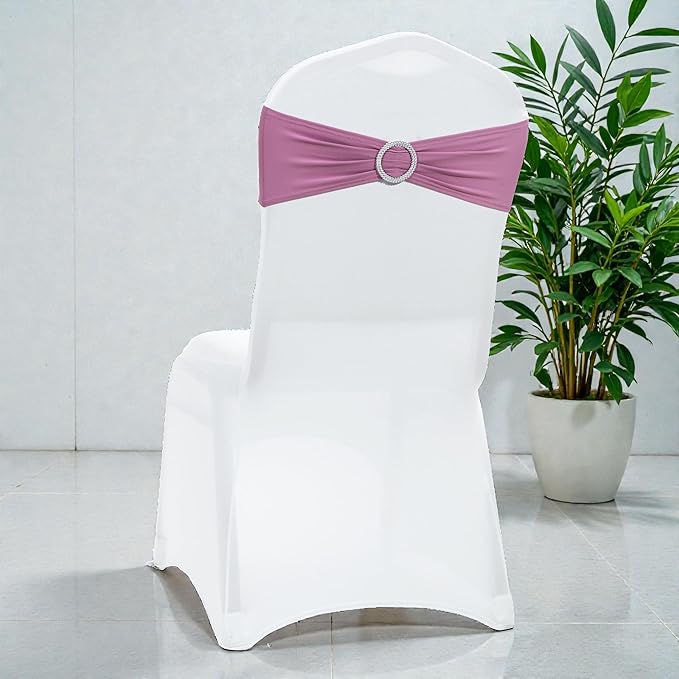 MDS Pack of 75 Spandex Chair Sashes Bow Premium Stretch Chair Cover Band with Buckle Slider Universal fits Elastic Dining Chair Ties for Wedding Party Banquet Events Decoration - Dusty Pink