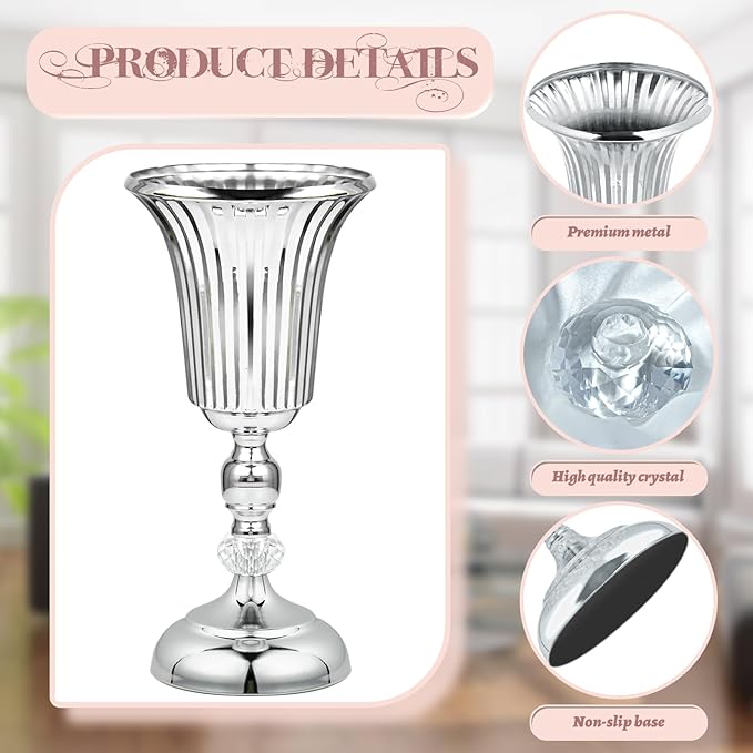 11.6 inches Metal Wedding Flower Trumpet Stripe Vases Table Centerpieces for Artificial Flower,Arrangements Anniversary Celebration/Wedding/Party/Birthday Event Aisle Home Decor (Silver, 6pcs)