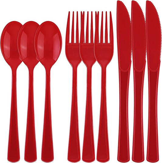 Kochorie 300 Pieces Graduation Red Plastic Silverware Heavy Duty Plastic Cutlery Set Heavyweight Disposable Flatware Includes Spoons Forks Knives for Party Prom Night Wedding Dinner