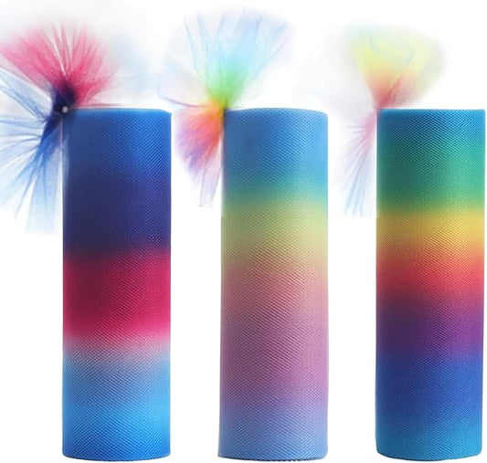 RUIAN 3Rolls Colored Tulle Rolls Gradient, 6 Inch Rainbow Shimmer Spool Ribbon for Tutu Skirts, Wedding Decor, Gift Wrapping and DIY Crafts