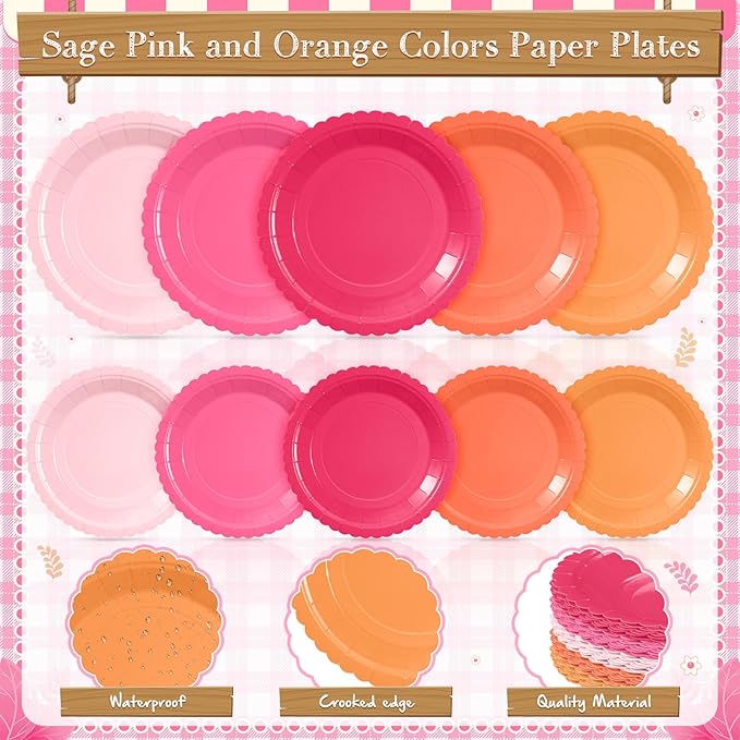 Zhehao 350 Pcs Pink and Orange Plates and Napkins Hot Pink Orange Party Disposable Tableware Kit with Plates, Cups, Napkins, Cutlery for Sunset Neon Baby Shower, Birthday, Wedding Party Supplies