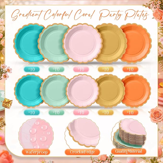 Zhehao 150 Pcs Colorful Coral Plates and Napkins Tableware Serves 50 Includes 9 Inch 7 Inch Rainbow Scalloped Wave Edges Paper Plate and Napkins for Wedding Birthday Baby Shower Party