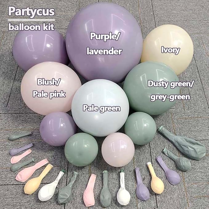 Dusty Green Purple Pink Balloon Arch, Double Stuffed Lavender Light Sage Green Ivory Blush Pastel Balloon Garland Kit for Baby Shower Birthday Wedding Bridal Wild-Flower Easter Party Decoration