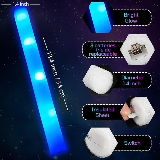 Foam Glow Sticks Bulk, 40 Pack Blue Light Up Foam Sticks 3 Modes Flashing, Glow Party Supplies for Wedding,Raves, Carnival, Concert, 4th of July, Halloween, Christmas, New Year