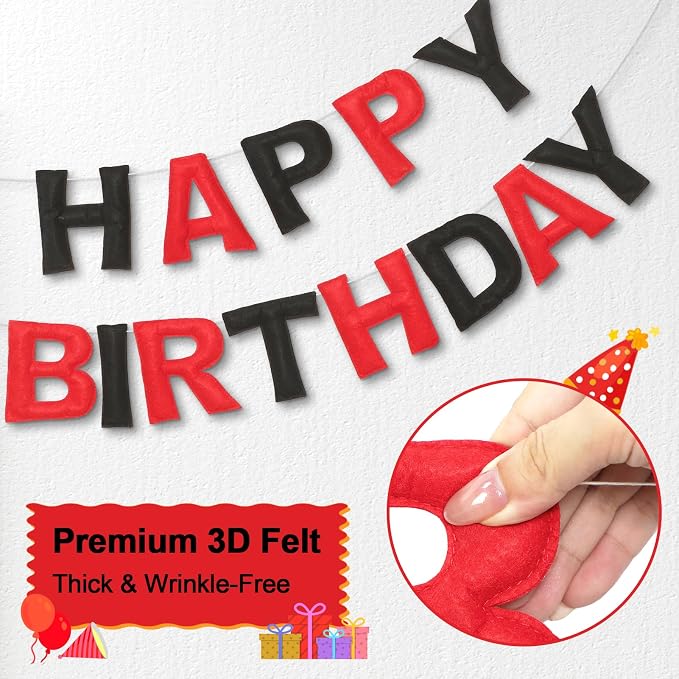 Pre-Strung Happy Birthday Banner & Felt Garland Set - Red & Black Birthday Decorations for Women Men Boys Girls | Reusable Party Supplies for Indoor & Outdoor