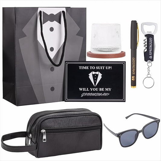 Groomsmen Proposal Gifts Set, Proposal Bag with Spinning Whiskey Glass PU Leather Toiletry Bag Bottle Opener Sunglasses Pen Card for Wedding Groomsman Best Man Gift