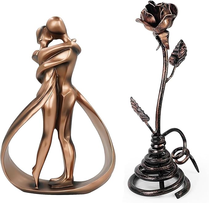 DreamsEden 7th Anniversary Set for Wife, Resin Couple Sculpture & Iron Rose with Stand, Copper Wedding Gift for Her, Romantic Home Decor Statue
