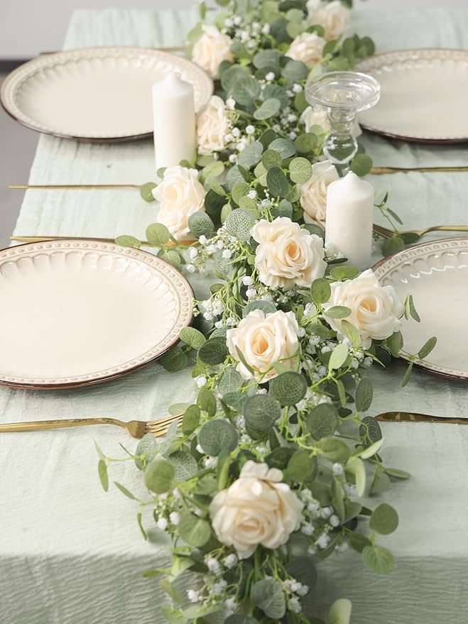 Anna's Whimsy 2PCS 5.91FT Artificial Eucalyptus Greenery with Flowers, Fake Rose Gypsophila for Wedding Spring Home Party Decor（Champagne）