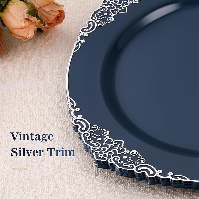 Goodluck 100PCS Navy Blue Plastic Plates with vintage silver trim – 10.25” Heavy Duty Disposable Dinner Plates & Party Plates for Weddings, Parties, Events – Elegant, Sturdy