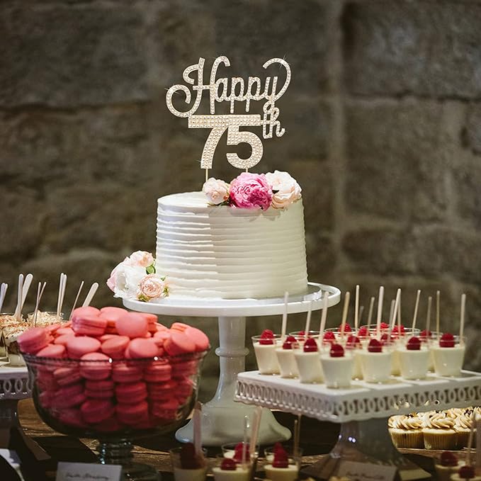 LINGTEER Happy 75th Birthday Gold Rhinestone Cake Topper - Cheers to 75th Birthday 75 Years Old Anniversary Party Cake Centerpieces Topper Decorations Gift Sign.