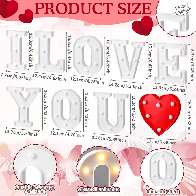Honoson 10 Pcs I Love You Light up Sign Romantic Heart LED Decoration Anniversary Present Light for Valentine's Mothers Day Wedding Engagement Boyfriend Girlfriend Lover Special Night Party