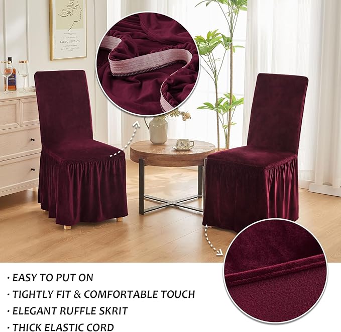 NICEEC Spandex Chair Covers for Dining Chairs Covers Set of 4 Removable Dining Room Chair Covers with Skirt Parson Chair Slipcovers Washable Chair Protector for Kitchen Wedding Party(Wine Red)