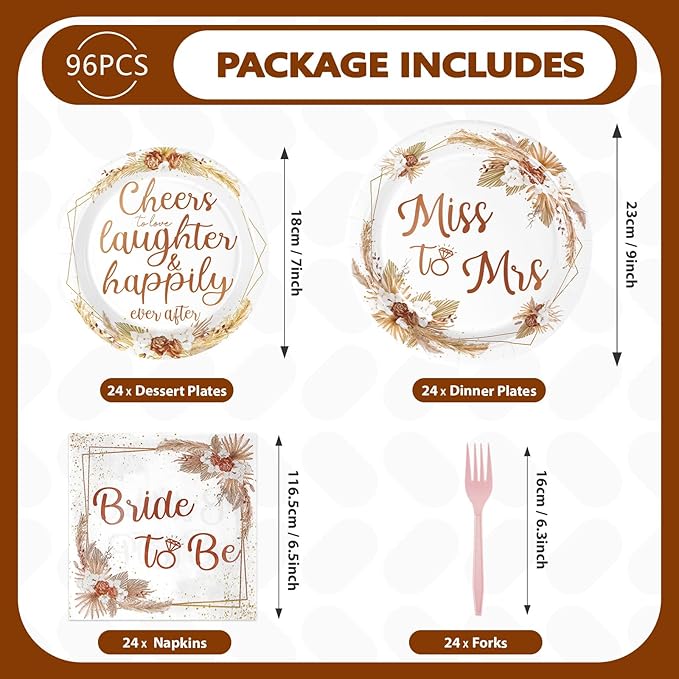 Grencian 96Pcs Boho Bridal Shower Decorations Miss to Mrs Party Plates Disposable Boho Bride to Be Paper Tableware for Bride Groom Bachelorette Party Wedding Engagement Party Supplies, Serves 24